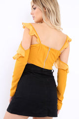 Mustard Long Sleeved Cold Shoulder Crop Top - Felicie