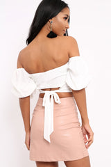 White Crop Top With Ruffle Sleeves - Fenix