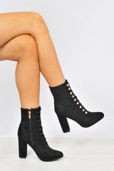 Black Faux Suede Looped Corset Detail Block Heel Ankle Boots - Fenna