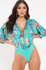 Green Floral Satin Plunge Bodysuit - Feona