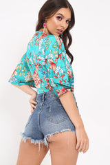 Green Floral Satin Plunge Bodysuit - Feona