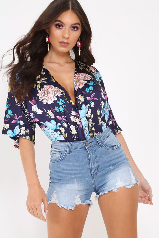 Navy Floral Satin Plunge Bodysuit - Feona