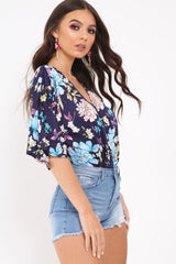 Navy Floral Satin Plunge Bodysuit - Feona