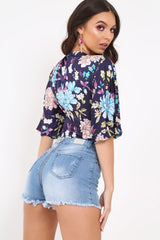 Navy Floral Satin Plunge Bodysuit - Feona