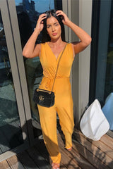 Mustard Slinky Plunge Wide Leg Jumpsuit - Fergie