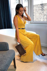 Mustard Slinky Plunge Wide Leg Jumpsuit - Fergie