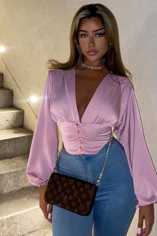 Pink Plunge Button Front Top - Zamina
