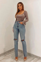 Mid Wash Denim Distressed Knee Extra Long Jeans - Ivelisse