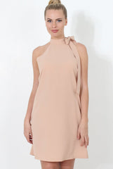 Nude Tie Neck Detail Shift Dress-FEYE