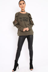 Khaki The Future Is Female Fishnet Frill Jumper - Jaeonna