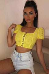 Yellow Floral Hook And Eye Puff Sleeve Crop Top - Libbie