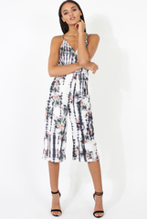 White & Grey Tie Dye Floral Print Culotte Jumpsuit - Fiona
