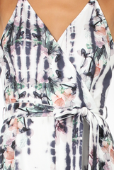 White & Grey Tie Dye Floral Print Culotte Jumpsuit - Fiona