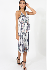 White & Grey Tie Dye Floral Print Culotte Jumpsuit - Fiona