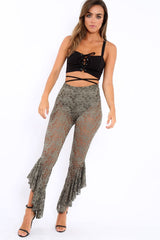 Khaki Lace Dip Hem Trousers - Fion
