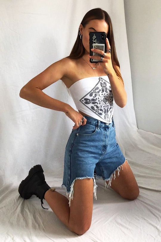 White Bandana Scarf Print Crop Top - Jacquelin