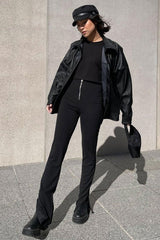 Black Ring Zip Front Split Side Crepe Trousers - Ashton