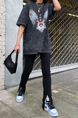 Black Acid Wash Wing Printed T-shirt - Itzia
