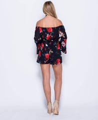 Black Flared Sleeve Floral Bardot Playsuit - Tyra