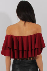 Red Bardot Frill Crop Top - Flissy