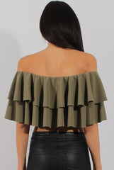 Khaki Bardot Frill Crop Top - Flissy