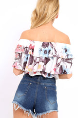 White Floral Print Frill Bardot Crop Top - Pollie