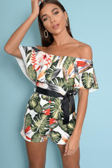 White Floral Bardot Frill Playsuit - Rylinn