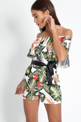 White Floral Bardot Frill Playsuit - Rylinn