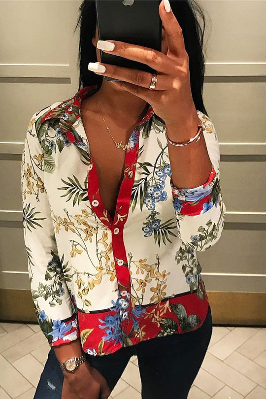 Floral Button Down Blouse with Red Contrast - Katherine