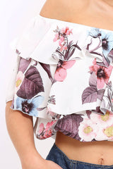 White Floral Print Frill Bardot Crop Top - Pollie