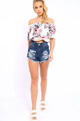 White Floral Print Frill Bardot Crop Top - Pollie