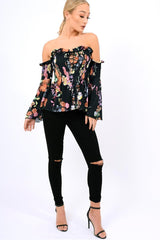 Black Floral Smocked Lace Up Off Shoulder Top - Lorrie