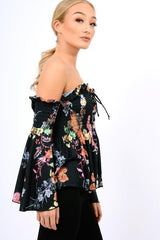 Black Floral Smocked Lace Up Off Shoulder Top - Lorrie