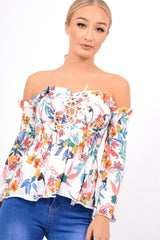 White Floral Smocked Lace Up Off Shoulder Top - Lorrie