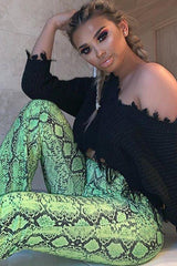 Neon Green Snake Print Flared Trousers - Mianna