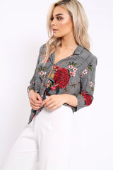 Hounds Tooth Floral Print Tie Front Crop Top - Kaylie