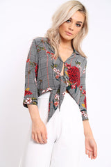 Hounds Tooth Floral Print Tie Front Crop Top - Kaylie