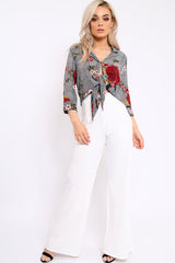 Hounds Tooth Floral Print Tie Front Crop Top - Kaylie