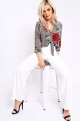 Hounds Tooth Floral Print Tie Front Crop Top - Kaylie