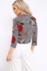 Hounds Tooth Floral Print Tie Front Crop Top - Kaylie