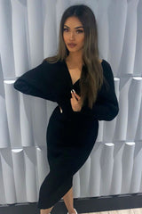 Black Wrap Front Knit Midi Dress - Edan