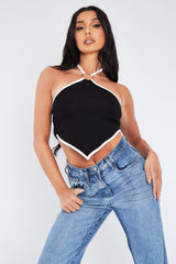 Black Halter Neck Tie Back Bandana Crop Top - Elaine
