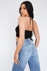 Black Halter Neck Strappy Front Cut Out Crop Top - Beech