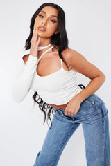 White One Sleeve Asymmetric Cut Out Crop Top - Ash