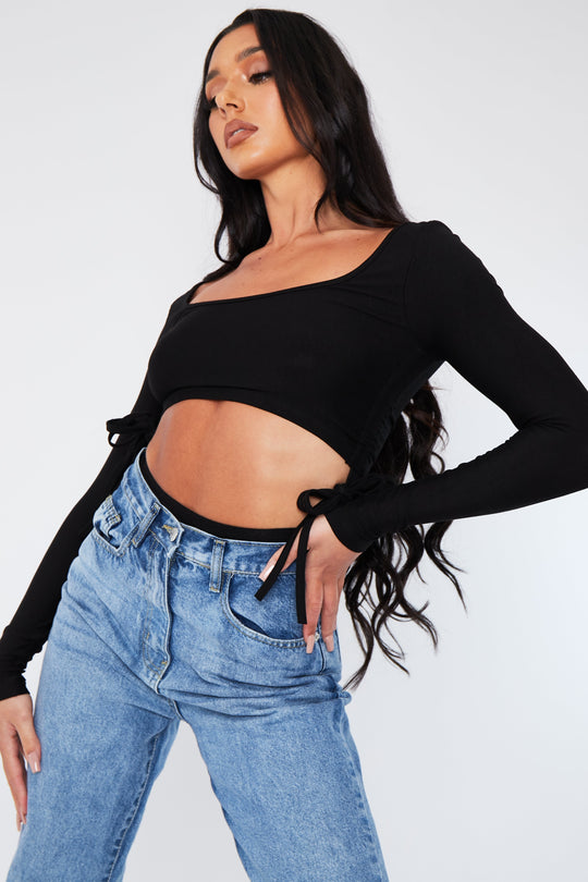 Black Scoop Neck Front Cut Out Jersey Bodysuit - Jasmine