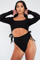 Black Scoop Neck Front Cut Out Jersey Bodysuit - Jasmine