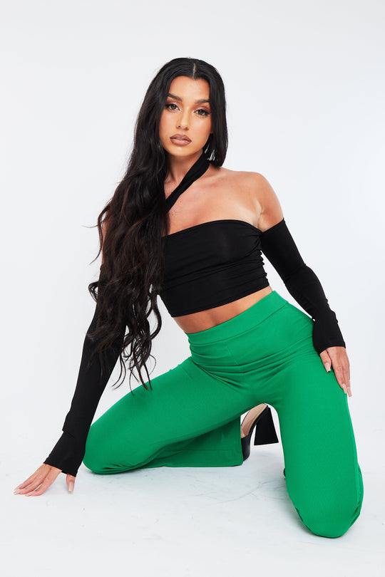 Black Asymmetric Strap Jersey Crop Top - Sylvia