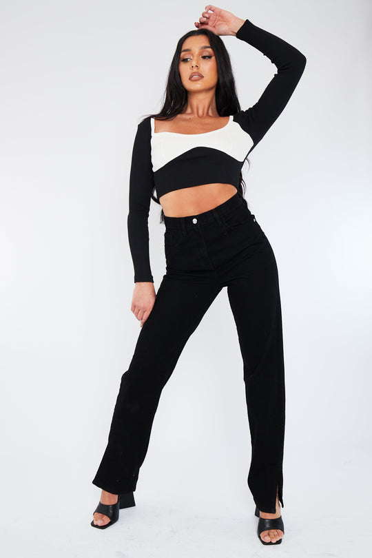 Black White Rib Cup Detail Crop Top - Saff