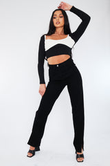 Black White Rib Cup Detail Crop Top - Saff