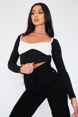 Black White Rib Cup Detail Crop Top - Saff